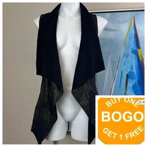 BAGATELLE Vest metallic gold/gray/black suede look shawl collar wrap tie Med